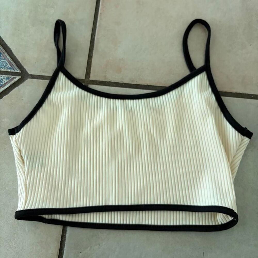 SHEIN Women's Cream Black Crop Top Two Tone Casual Chic Summer Fashion Shirt Siz